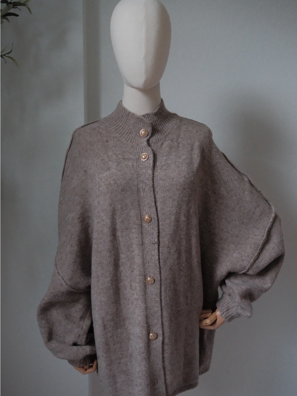 Oversized Taupe Button-Front Women’s Cardigan Sweater